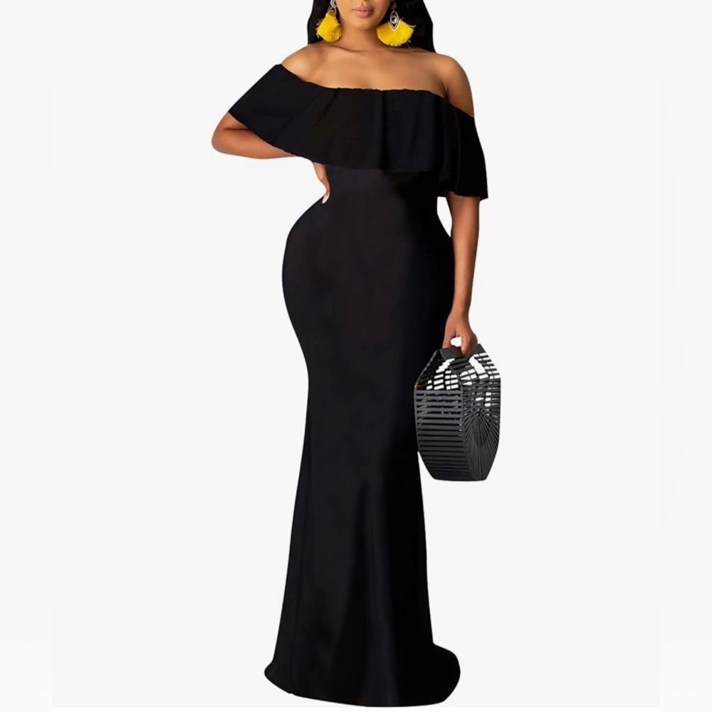 NEW Off The Shoulder Maxi Dress Black Ruffle Evening Party Long Dress Size L